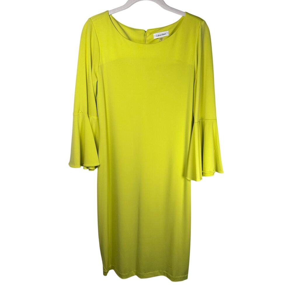 Calvin Klein Lemon Lime Bell Sleeve Round Neck Sheath Dress Womens 10